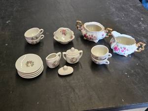 Set of Floral Miniature Tea Set with Gold Accents