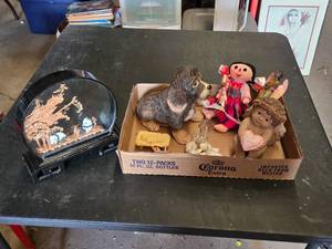 Panda Art and Decorative Figurines and Collectibles including Glass Angel, Porcelain Cherubs, and Stuffed Doll
