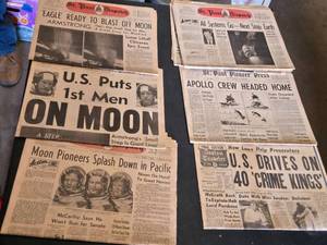 Lot of Vintage Newspaper Front Pages Featuring Apollo 11 Moon Landing and Return Events