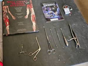Wall Chart of Human Anatomy and Vintage Medical Instruments