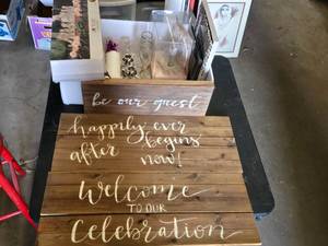Wedding Decor and Accessories including Wooden Signs, Candle Holders, and Glassware