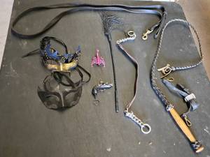 Equestrian Riding Accessories including Masks, Whip, and Bridles
