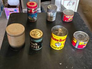 Lot of Vintage Coffee Tins including Folgers, Peak, Home Brand, and Others