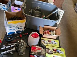LED lights, wiring, and paint supplies including LED Flash Light Boxes, Various Cords, and Assorted Paints