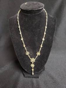 Antique Style Necklace with Floral Design and Dangling Crystal - Stand not included