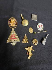 Assorted Jewelry Pins and Brooches Collection including Christmas Tree Brooch, Angel Pin, Rock Guitar Pin and More