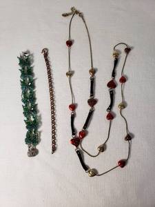 Green Beaded Bracelet, Copper Chain Bracelet, and Heart Necklace Set