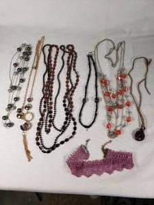 Lot of Fashion Necklaces and Accessories Including Beaded and Chain Styles, Leather Cord Pendant, and Crocheted Choker