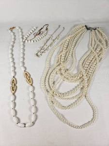 Vintage and Costume Jewelry Lot including Multi-Strand Pearl Necklace, Beaded Necklaces, and Gold-Tone Accents