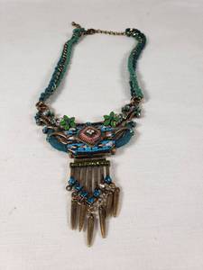 Bohemian Style Statement Necklace with Antique Brass, Beads, and Fabric