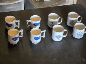 Set of Ceramic Mugs with Blue Floral and Windmill Designs