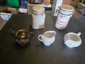 Ceramic and Metal Kitchenware Collection including Style House Carillon China and Vintage Metal Sugar Bowl