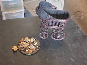 Miniature Decorative Baby Carriage and Mosaic Tile Plate with Cherub Tea Set Figurines