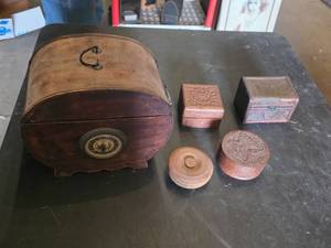 Antique Wooden Box Collection with Decorative Carvings