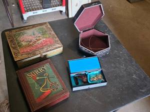 Antique Metal and Wooden Boxes with Sorry Board Game Box Only