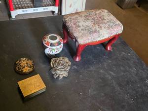 Floral Patterned Footstool, Decorative Vase, Brass Floral Box and More
