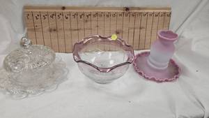 Fenton Burmese Fairy Lamp and Vintage Glasssware