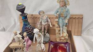 Vintage Porcelain Figures and Fenton Stretch Glass Bowl