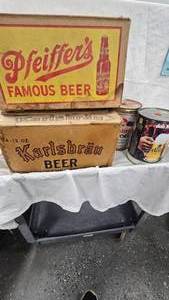 Lot of 2 Beer Cases and Tins as Pictured, Pfeiffers and Karsbrau