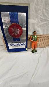 Anheiser Busch Natural Light Sign and Antique Bourban Figure