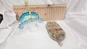 Fenton Art Glass Basket, Beaded Reticule Drawstring Purse
