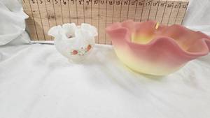 Fenton Lotus Mist Burmese Glass Basket and Assorted Tea Set Pieces