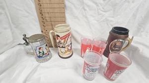Lot of Glasses and Steins, Coca Cola, Budwieser, Schmidts