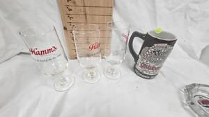 Hamms Lot of 3 Stemmed Glasses, Oktoberfest Stein, IH Nordin Implements Ashtray