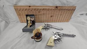 Lot of Two Cap Guns, Mustard Jar, and Various Watches