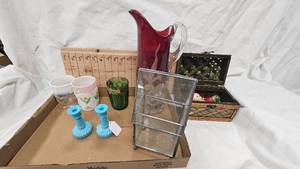 Blue Opalene Candlesticks, Wreath , glass Display, Glass Pitcher