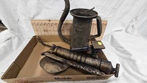 Small Vintage jack, Grease Gun, Pan, Huffman Liquid Oil Dispenser