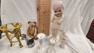 Vintage Doll, Bear, Candlesticks and Figurines
