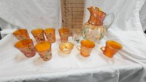 Fenton Glass Marigold Carnival Glass Pitcher and Water Glass Set