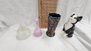 Fenton Glass Bell, Faberge Pattern and Cat Figurine, Vase
