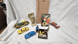 Mid Century Tin Toy Car, Wood Car, Miniatures, Peter Rabbit Book