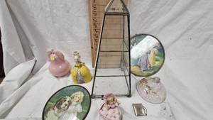 Round Metal Framed Pictures, glass display, porcelain figures