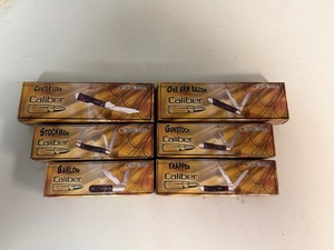 Six Trapper Caliber Closed Pocket Knives. Polished Stainless Steel Blade, Nickel Silver Bolster, Brass Pins & Lines, Black Bone Handle