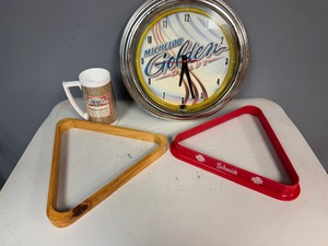 Michelob Golden Light Neon Clock (untested, no battery), Schmidt Beer and Wooden Pool Racks, Plastic Budweiser Mug
