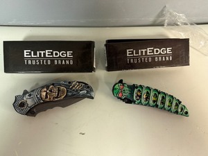 ElitEdge Grey Grim Reaper Assisted 4 34 Closed (Retail $36.95) and ElitEdge Green Skull Folder 4 34 Closed (Retail $36.95)