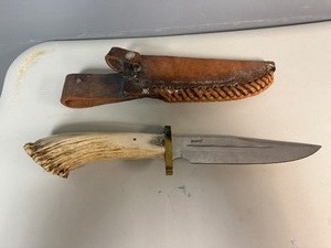 Vintage Antler Handle Bowie Knife with Sheath 18 Overall