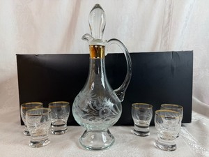 Vintage Bohemia Glass Decanter Set with Gold Accents and Etched Floral Design