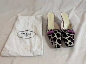 Vintage PRADA Mule Heels featuring Cow Print Pony Hair Upper, a Square Toe and Pink Suede Bow Detail with protective bag 39 Italy