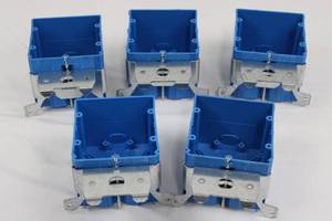 Six Blue Plastic Electrical Back Boxes With Metal Mounting Brackets
