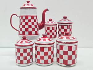 Great Looking Old Vintage Red &amp White Checkered Enamelware Canister Set &amp Coffee Pot