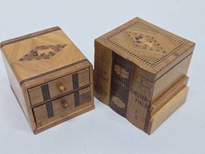 Vintage 1940s era Inlaid Wood Folk Art Jewelry &amp Cigarette Boxes