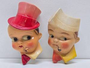 2 Original 1930s Chalkware String Dispenser Faces