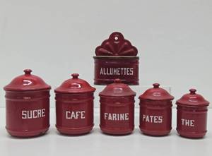 French 1930s Red &amp White Enamelware Canister Set #1 wMatch Holder