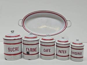 French 1930s Red &amp White Enamelware Canister Set #1 wLarge Tray
