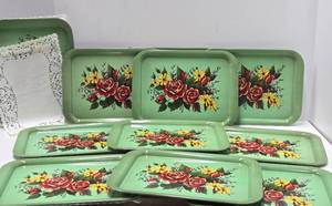 Set o f10 Vintage Mid Century Metal Serving Trays wFloral Design