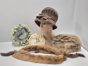 Group of Vintage Ladies Hats &amp Genuine Mink Stole  Collar Wrap